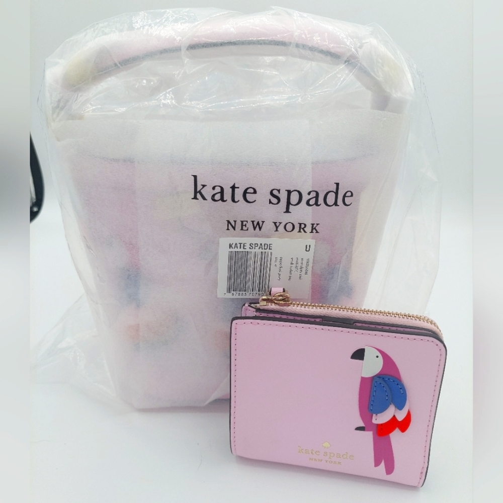 Kate spade NEW Pippa flock party pink parrot small bucket crossbody and wallet